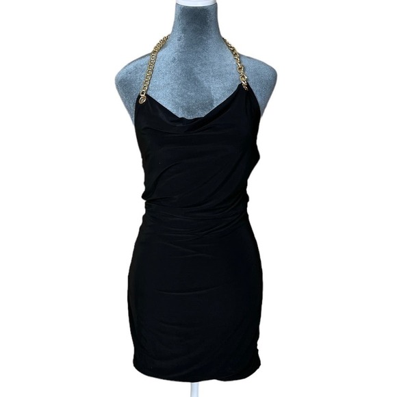Quiz Little Black Cocktail Dress with Gold Halter, NWT, US 6 - Picture 1 of 7